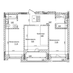 3-к квартира, строящийся дом, 54м2, 12/21 этаж
