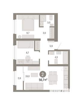 2-к квартира, вторичка, 57м2, 8/8 этаж