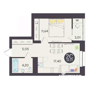 2-к квартира, строящийся дом, 38м2, 6/10 этаж