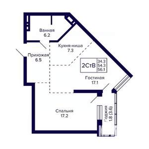 2-к квартира, вторичка, 56м2, 16/30 этаж