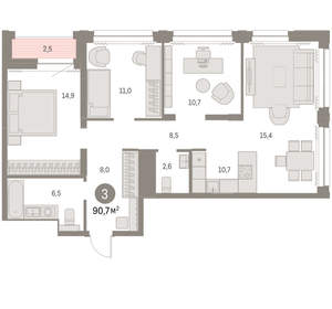 3-к квартира, вторичка, 91м2, 21/30 этаж