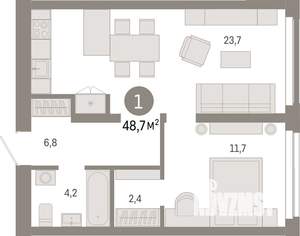 1-к квартира, вторичка, 49м2, 1/23 этаж