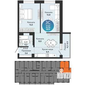3-к квартира, вторичка, 54м2, 15/17 этаж