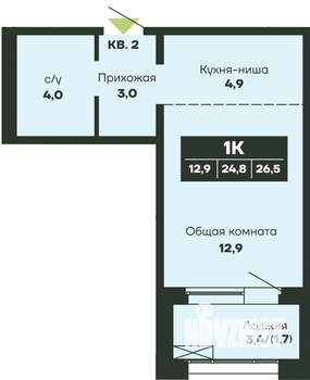 1-к квартира, вторичка, 27м2, 1/14 этаж