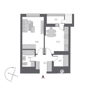 1-к квартира, строящийся дом, 44м2, 20/24 этаж