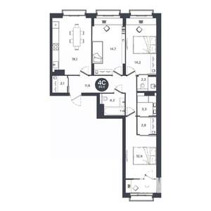 4-к квартира, строящийся дом, 86м2, 6/17 этаж