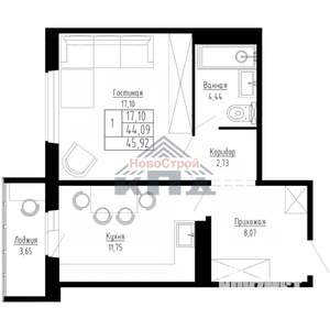 1-к квартира, строящийся дом, 46м2, 2/15 этаж