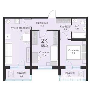 2-к квартира, вторичка, 55м2, 9/16 этаж