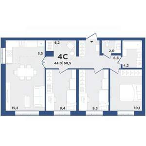 4-к квартира, вторичка, 69м2, 1/9 этаж