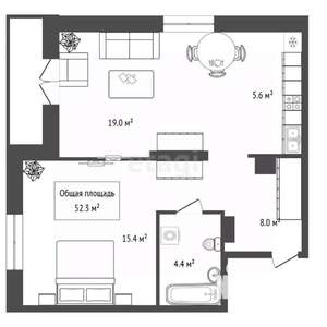 2-к квартира, вторичка, 52м2, 12/25 этаж