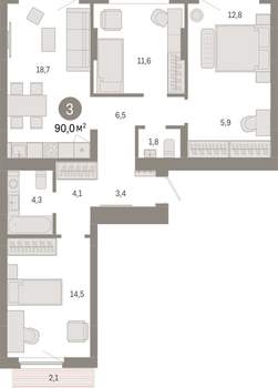 3-к квартира, вторичка, 90м2, 7/12 этаж