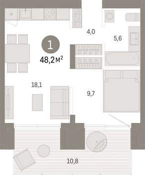 1-к квартира, вторичка, 48м2, 1/15 этаж