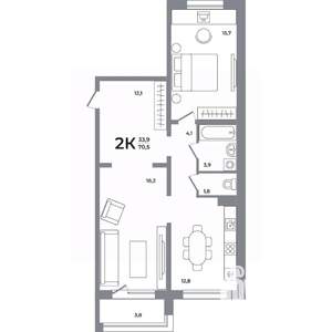 2-к квартира, вторичка, 72м2, 6/17 этаж