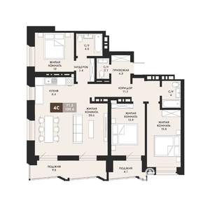 4-к квартира, строящийся дом, 110м2, 19/22 этаж