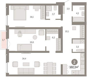 2-к квартира, вторичка, 102м2, 3/23 этаж