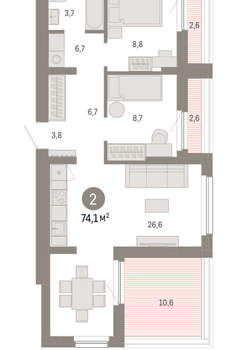 2-к квартира, вторичка, 74м2, 12/12 этаж