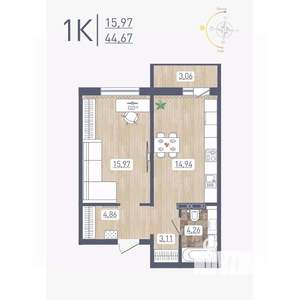 1-к квартира, строящийся дом, 45м2, 15/17 этаж