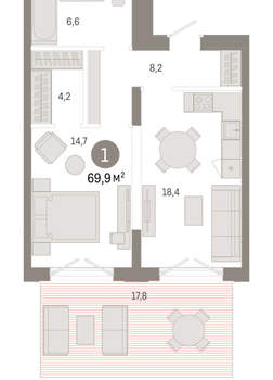 1-к квартира, вторичка, 70м2, 1/17 этаж