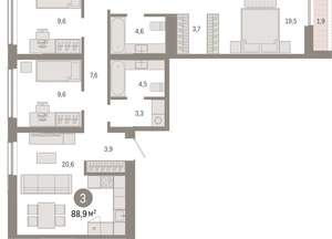 3-к квартира, вторичка, 89м2, 2/15 этаж