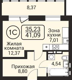 1-к квартира, вторичка, 35м2, 22/24 этаж