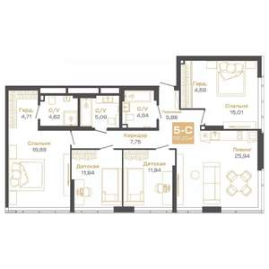 5-к квартира, строящийся дом, 122м2, 24/24 этаж