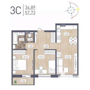 3-к квартира, строящийся дом, 58м2, 14/17 этаж