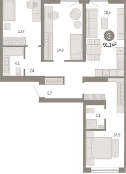 3-к квартира, вторичка, 91м2, 4/15 этаж