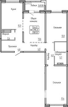 3-к квартира, строящийся дом, 81м2, 15/17 этаж