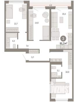 3-к квартира, вторичка, 91м2, 8/9 этаж