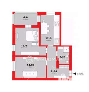 2-к квартира, вторичка, 56м2, 4/14 этаж