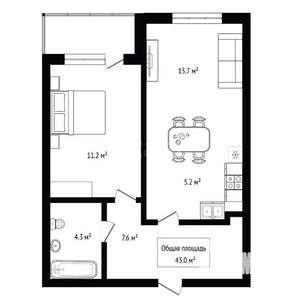 2-к квартира, вторичка, 43м2, 1/8 этаж