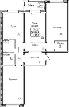 3-к квартира, строящийся дом, 88м2, 8/17 этаж