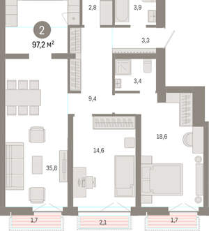 2-к квартира, вторичка, 97м2, 3/23 этаж
