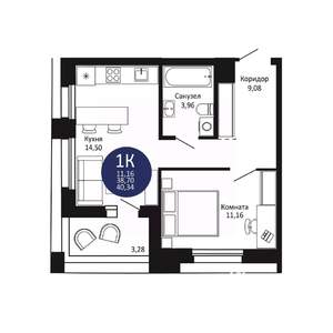 1-к квартира, вторичка, 40м2, 10/18 этаж