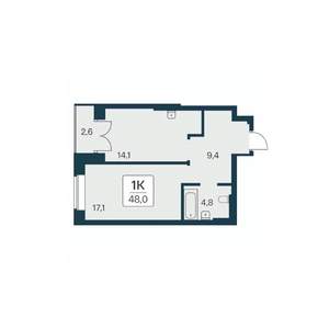 1-к квартира, вторичка, 48м2, 25/30 этаж