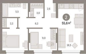 2-к квартира, вторичка, 56м2, 2/12 этаж