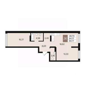 2-к квартира, вторичка, 64м2, 5/10 этаж