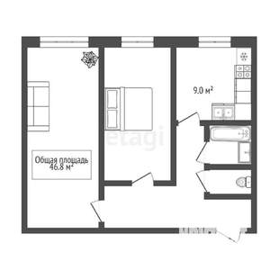 2-к квартира, вторичка, 47м2, 1/9 этаж