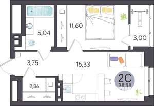 2-к квартира, строящийся дом, 39м2, 10/27 этаж
