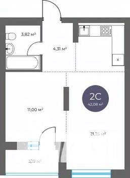 2-к квартира, вторичка, 42м2, 3/18 этаж