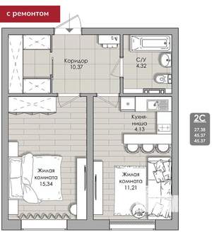 2-к квартира, вторичка, 45м2, 6/11 этаж