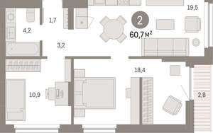 2-к квартира, вторичка, 61м2, 5/12 этаж