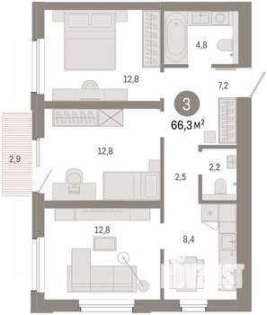 3-к квартира, вторичка, 66м2, 4/9 этаж