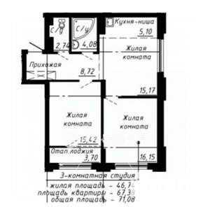 3-к квартира, вторичка, 71м2, 9/25 этаж
