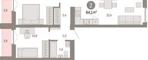 2-к квартира, вторичка, 64м2, 5/23 этаж