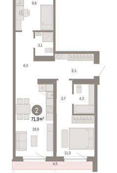 2-к квартира, вторичка, 72м2, 6/15 этаж