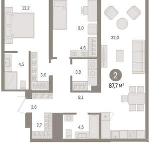 2-к квартира, вторичка, 88м2, 2/15 этаж