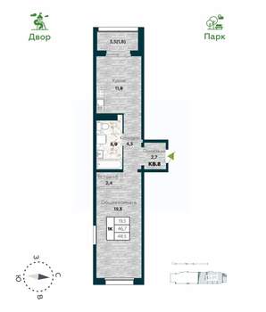 1-к квартира, строящийся дом, 49м2, 23/25 этаж