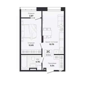 2-к квартира, вторичка, 39м2, 6/9 этаж