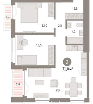 2-к квартира, вторичка, 71м2, 16/23 этаж